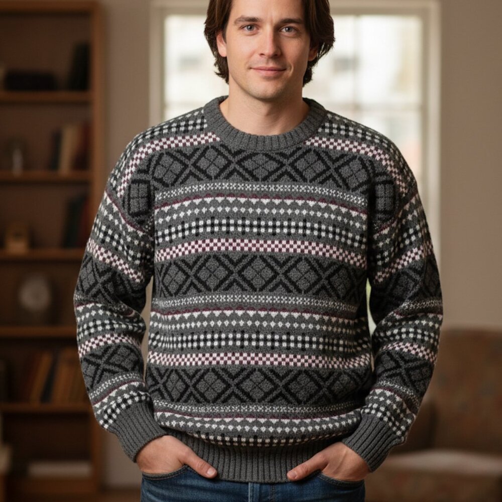True Vintage 90's  Mens Grey Fair Isle Diamond Knit Wool‎ Blend Sweater Small
